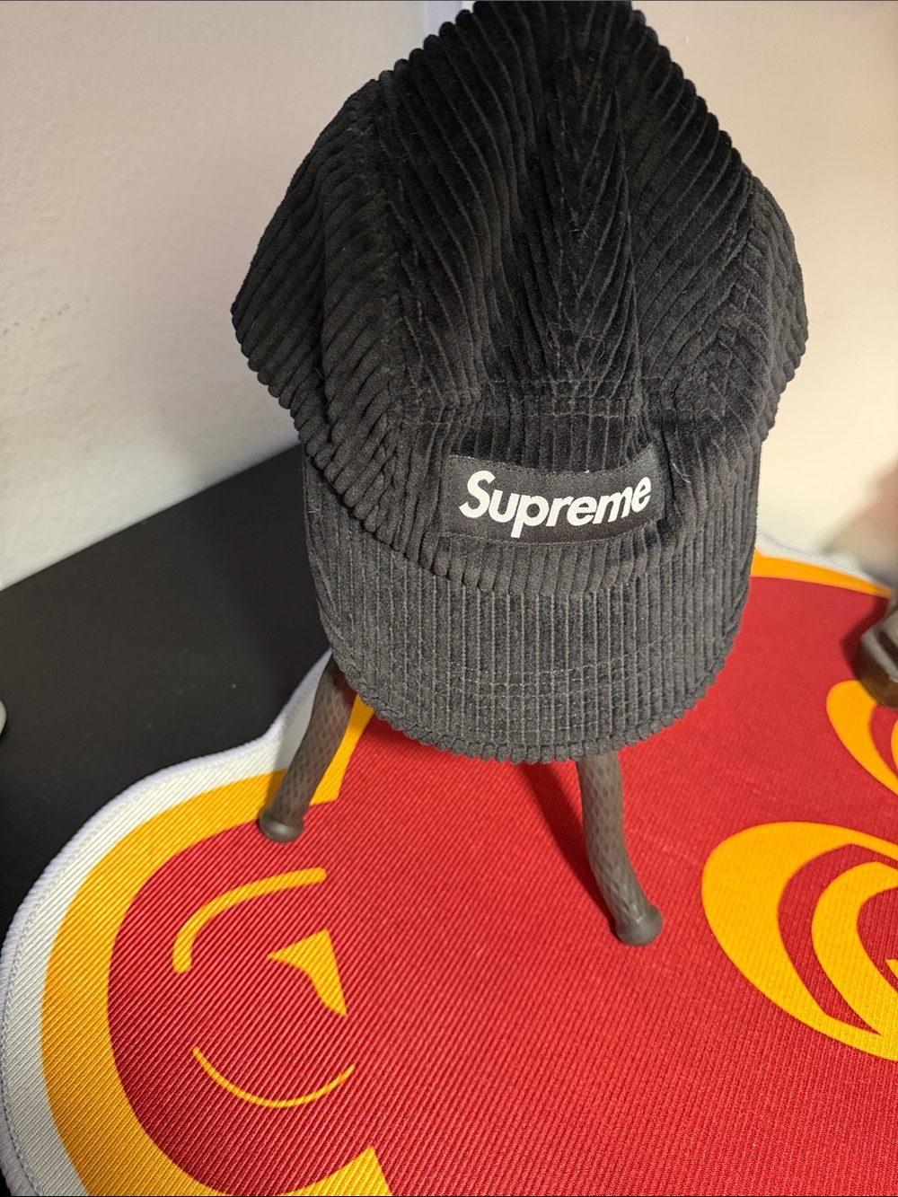 Supreme Black Corduroy Camp Cap with White Logo